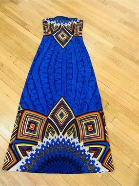 Papillon Blanc Royal Blue Strapless Maxi with Multicolor Geometric Border